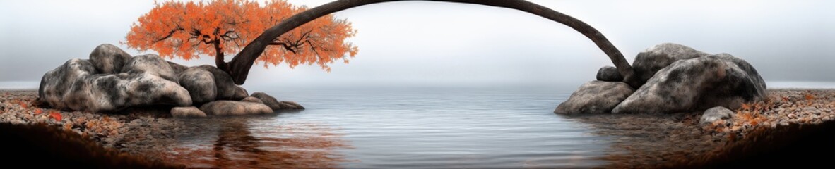 Fototapeta premium Tranquil landscape featuring a curved tree bridge over calm waters and rocky shores