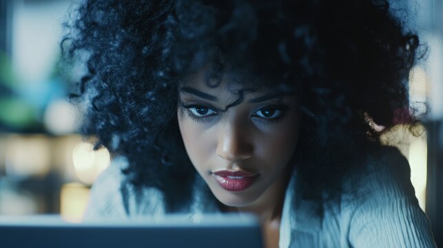 Professional woman with curly black hair typing on a laptop generative ai