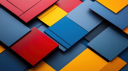 A 3D layered arrangement of red, blue, and yellow rectangles forming a modern abstract design.