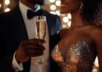 Close-up of a Black couple toasting with champagne glasses at an elegant party The Black man is wearing a tuxedo, and the woman is wearing a sequin dress Generative AI