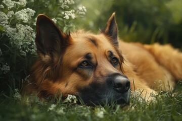 Naklejka premium German shepherd resting peacefully among green grass and wildflowers outdoors in warm light