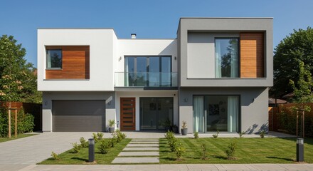 A modern two story house with a mix of white and gray plaster walls and wooden accents