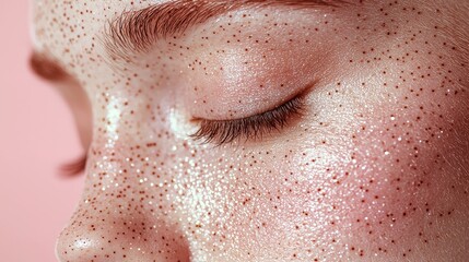 Fototapeta premium Close-Up Portrait of Sparkly Skin with Pastel Background for Beauty and Fashion Themes