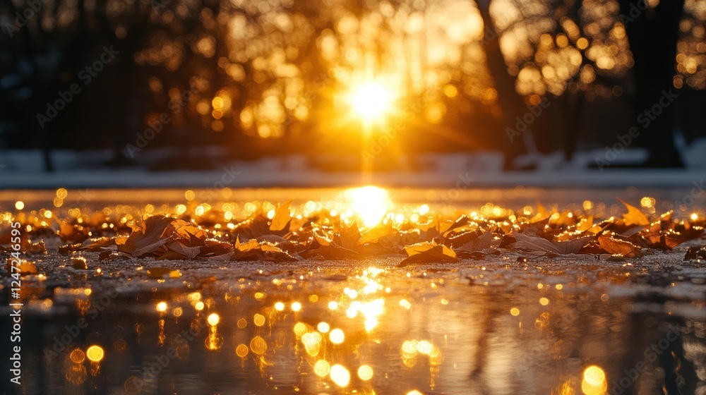 Canvas Prints Frozen lake sunset, autumn leaves, winter park, nature background, wallpaper