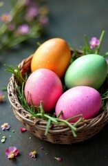 vibrant floral decorated easter eggs on green foliage - concept of easter decor, spring celebration, festive crafts