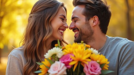 Fototapeta premium A young couple sharing a warm smile, holding a bouquet of vibrant flowers, radiating love and affection