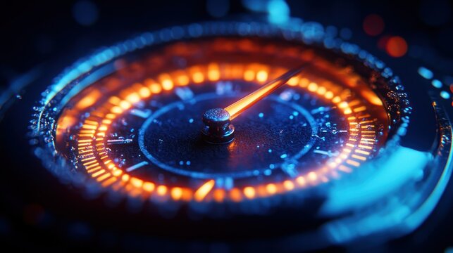 Futuristic clock speeds up, glowing, dark background, progress concept