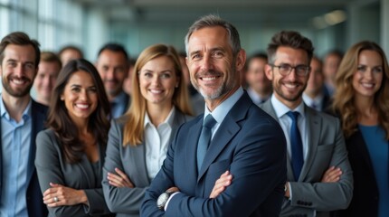 Group of business people posing confidently in formal wear while standing in a row
