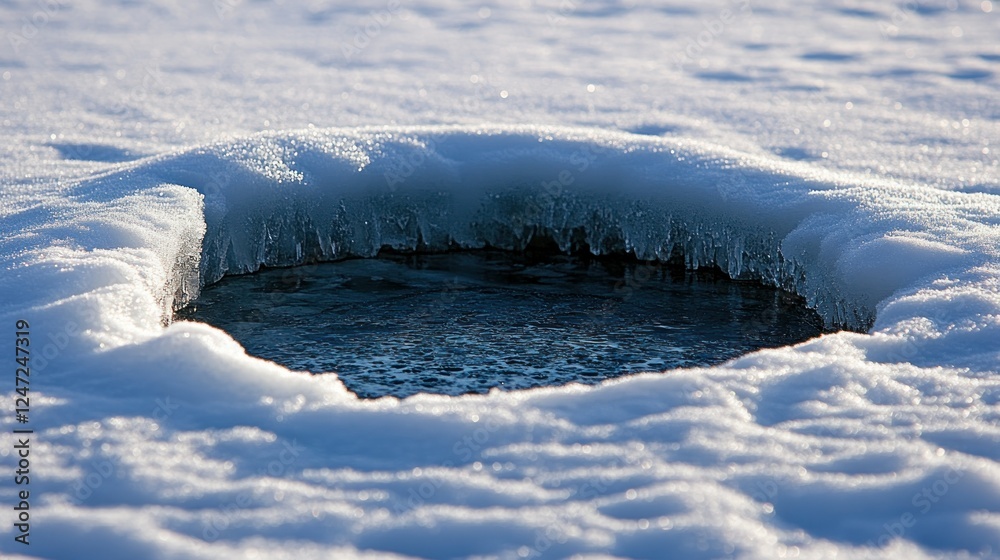 Canvas Prints Frozen spring water hole in snowy field, winter landscape