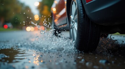 Close-up of a car tire driving through a large puddle, splashing water with bokeh lights in the background