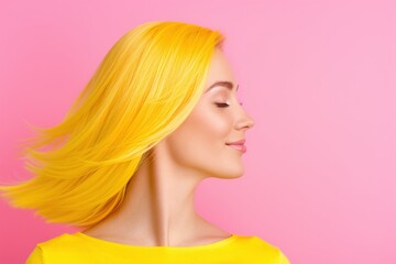 Fototapeta premium Yellow flowing hair portrait, elegant side profile, minimalist design, pink background, cheerful fashion look, creative hair styling, bold beauty, vibrant hairstyle inspiration, feminine charm