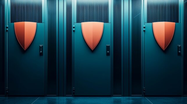 Modern Secure Server Room with Shield Design on Doors for Cybersecurity Protection