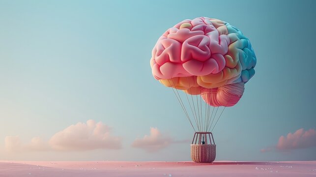 Colorful Hot Air Balloon Carrying Dreams Floats Above a Vibrant Brain, Symbolizing Adventure and Exploration
