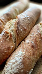 Homemade appetizing crusty french bread baguette closeup. ready to eat
