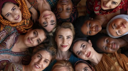 Women of Diverse Backgrounds Unite in a Joyful Circle, Celebrating Solidarity and Friendship in a Warm Setting