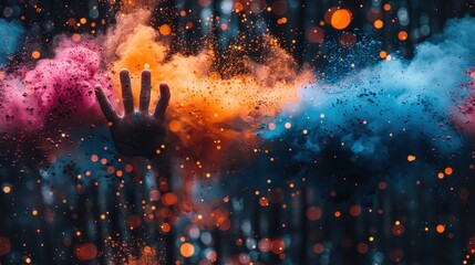Exploding Colors From Vibrant Powder as a Hand Disrupts a Captivating Arrangement in the Air During a Festive Gathering