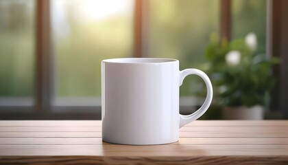 Fototapeta premium Plain blank white ceramic mug mockup standing on the wooden table