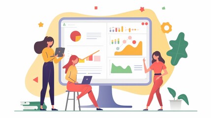 Fototapeta premium Women Engaging in Collaborative Project Presentation With Technology in a Modern Workspace