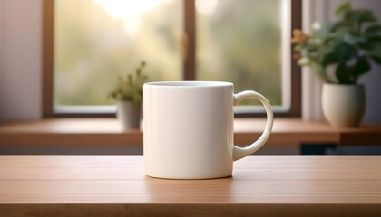 Plain blank white ceramic mug mockup standing on the wooden table