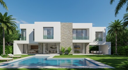 Fototapeta premium A contemporary luxury house with a boxy architectural style showcasing clean white walls and vertical stone accents