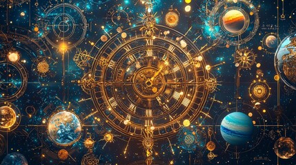 A cosmic scene featuring celestial bodies, intricate golden designs, and a starry background, showcasing a blend of art and astronomy.