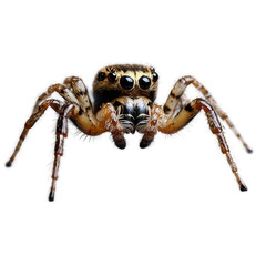A close-up, eye-level, striking spider portrait. Detailed focus captures its distinctive markings and multiple eyes against white.