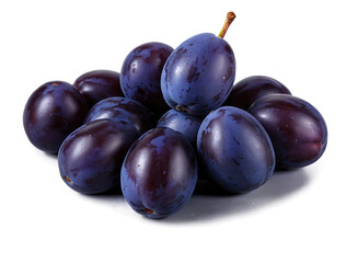 Fototapeta premium A vibrant pile of ripe plums, showcasing their deep purple hue and natural texture against a clean white background.