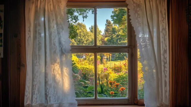 Soft lace curtains sway gently as sunlight filters through a window, framing a vibrant garden view with colorful flowers and lush greenery