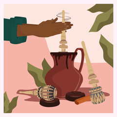 Traditional hot chocolate with Molinillo. vector illustration. Mexican chocolate. wooden kitchen utensil for making chocolate, wooden grinder, homemade chocolate
