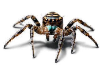 Fototapeta premium Close-up of a striking jumping spider with iridescent green chelicerae, brown and black striped legs, and multiple eyes on white backdrop.