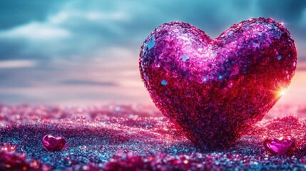 Fototapeta premium Glittery heart sunset beach romance Valentine's
