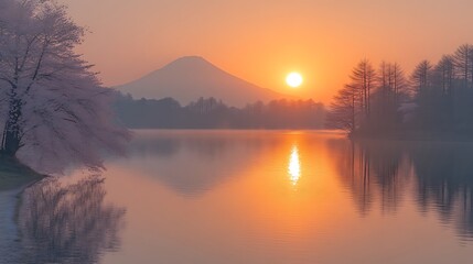Fototapeta premium Serene Sunrise Over Mountain Lake With Cherry Blossoms