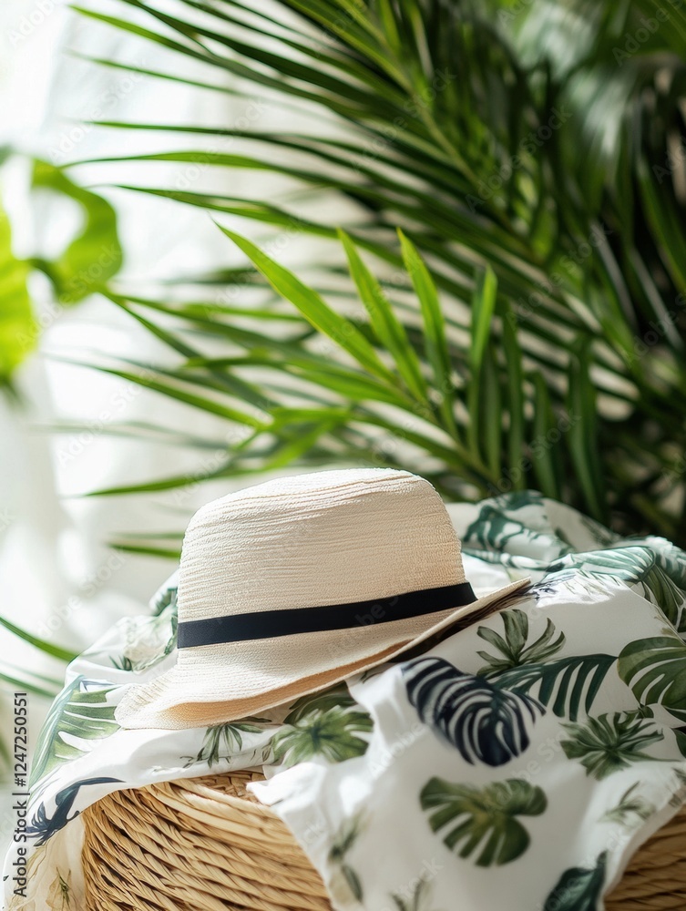 Leinwandbilder light summer fabrics with tropical patterns and a straw hat on a basket under palm leaves in a brigh