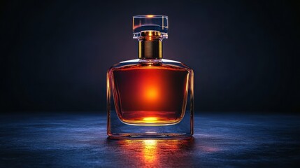 Glowing amber liquor bottle, dark studio, reflective surface, advertising