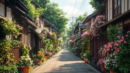 Fototapeta premium A serene, flower-lined pathway between traditional wooden houses, showcasing vibrant blooms and a peaceful ambiance.