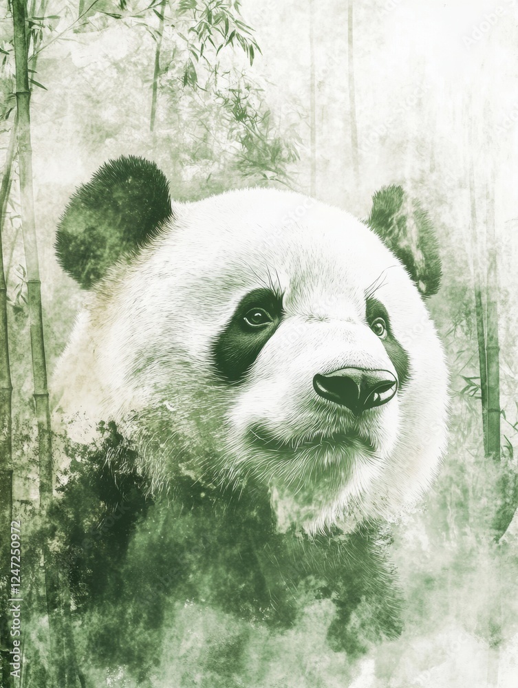 Poster watercolor illustration of a panda in a serene bamboo forest with soft green tones and a tranquil at