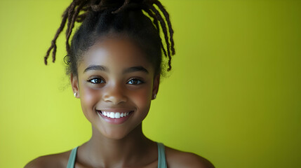 A happy African-American girl smiling with a slight tilt of her head, set against a bright lime-green background. The fresh color of the background emphasizes her joyful expression