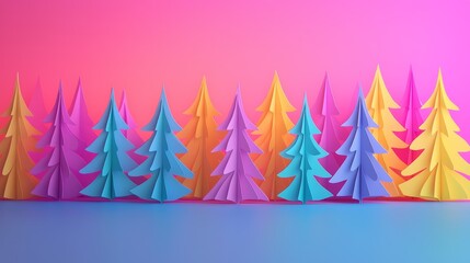 Colorful Paper Craft Trees in an Enchanted Forest with a Vibrant Pink and Purple Background