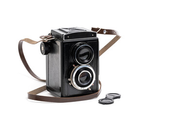 Vintage film camera isolated on white background.