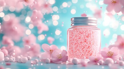 Aesthetic jar of pink bath salts with flowers.