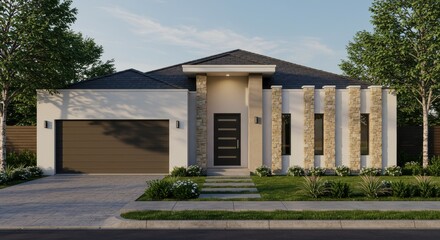 A sleek single story modern home with a flat roof and a clean, symmetrical design