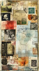 Mixed media collage artwork featuring stamps and vintage documents
