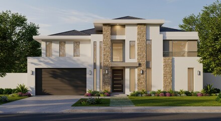 A sleek single story modern home with a flat roof and a clean, symmetrical design