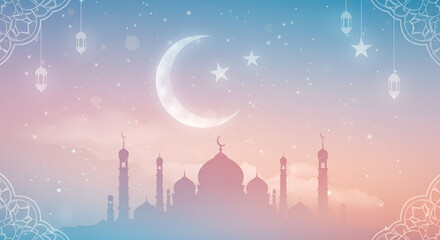 Islamic cityscape silhouette, crescent moon, sparkling stars, soft pastel sky, dreamy atmosphere, geometric patterns, magical night, mosque domes and minarets, ethereal glow, celestial fantasy, Arabia