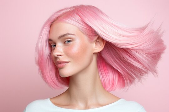 Flowing pink layered hairstyle, medium-length pastel wavy hair, feminine side portrait, soft glowing hair texture, isolated on pastel pink background, casual and elegant beauty concept

