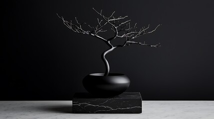 Minimalist black bonsai tree in a sleek pot on a marble base against a dark background
