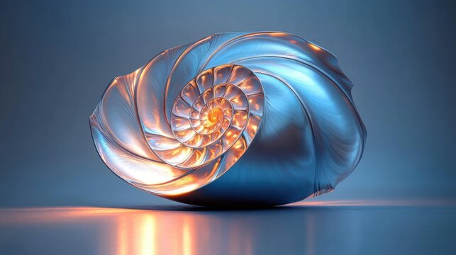 Glowing metallic nautilus shell spiral, studio background, abstract art