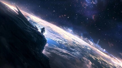 Obraz premium Astronaut standing on a rocky cliff overlooking Earth from space during a cosmic journey
