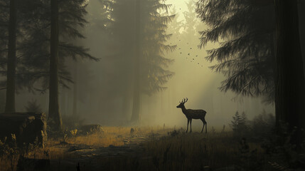 Majestic deer in misty forest at sunrise