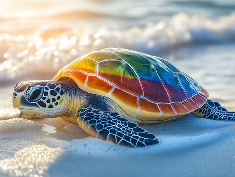 Sea turtle close-up, shell painted in the colors of the gay rainbow flag, lgbt, in support of free love. Generative Ai - Powered by Adobe